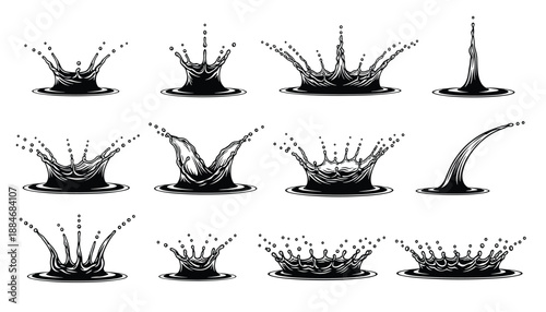 Sequence of black liquid splash illustrations showing droplet impact and fluid motion in twelve stages