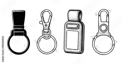 Vintage keychain collection with metal clips and leather details