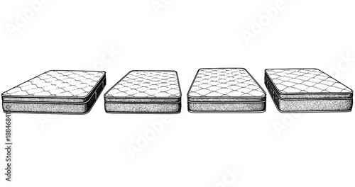 Set of four identical quilted mattresses in black and white
