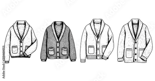 Hand-drawn vintage cardigan collection with different styles and textures