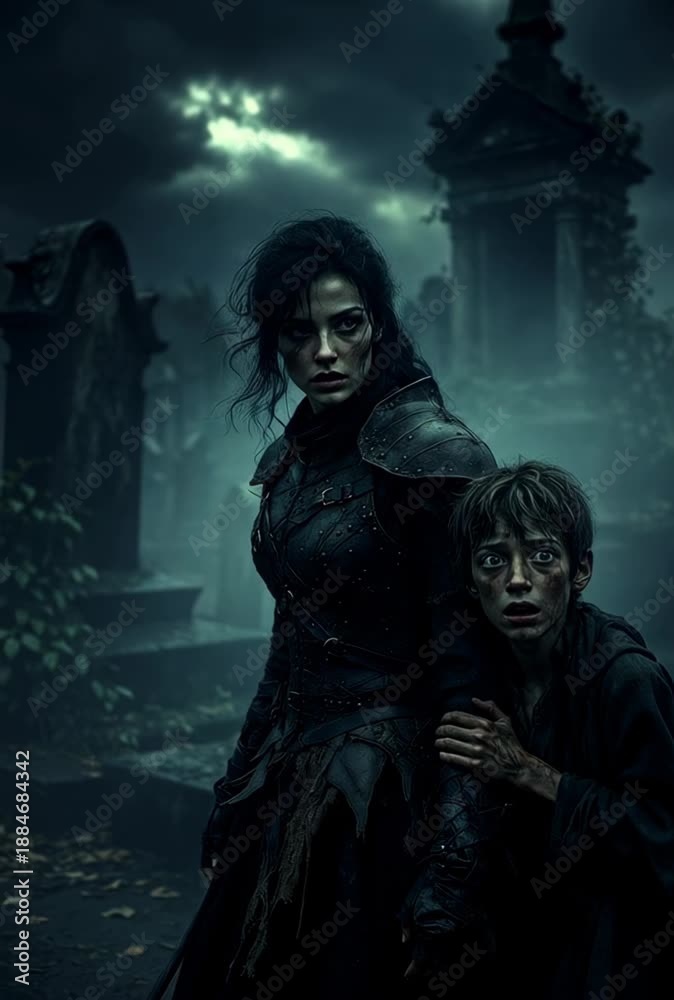 custom made wallpaper toronto digitalFemale warrior in dark armor guards frightened child in eerie graveyard under stormy skies, cinematic dark fantasy atmosphere