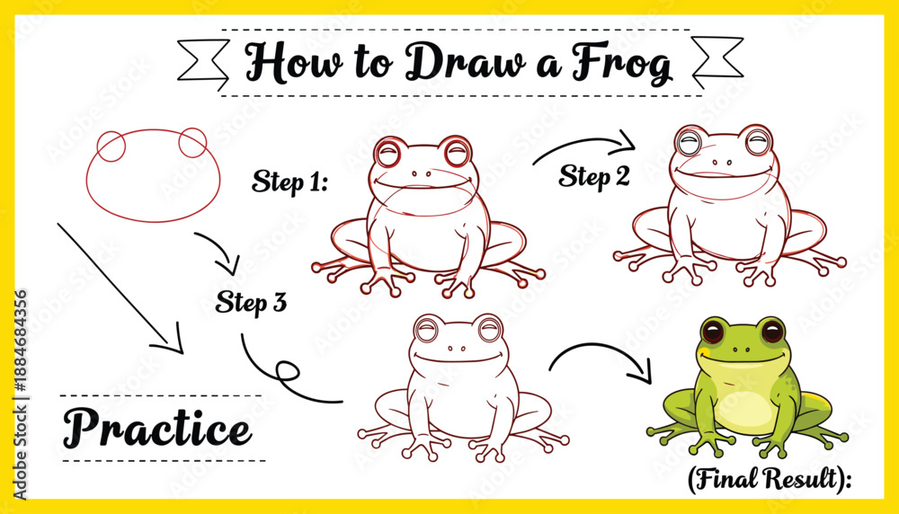 Obraz premium Step by step guide showing how to draw a frog from basic shapes to a full color result