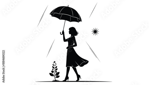 Silhouette of woman walking with umbrella in rain with sun and plant in black and white style