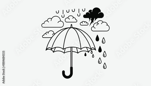Black and white umbrella illustration shielding from rain clouds and lightning in a stylized weather scene