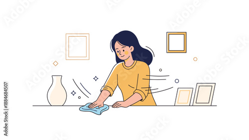 Hispanic young adult female cleaning a table with cloth in minimalist room
