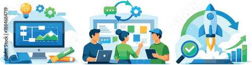 Modern Development Process. Structured development landscape illustrated through sequential stages, collaborative workflows, and