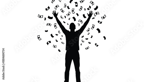 Silhouette of person with raised arms surrounded by falling currency notes in black and white