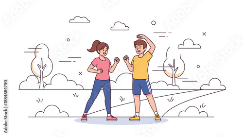 Caucasian teens exercising outdoors: male and female enjoying fitness in park