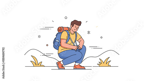 Young caucasian male hiker with backpack tying shoelaces in nature