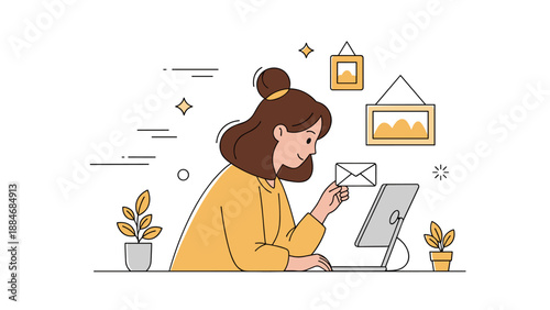 Young hispanic female checking email on tablet in modern workspace