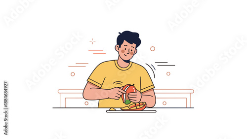 Young adult male preparing healthy meal in kitchen, peeling vegetable with concentration