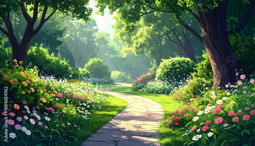 Shaded garden pathway with colorful blooms and sunny atmosphere. Vibrant park walkway amid flowers, trees, and soft morning light. Serene nature path bordered by wildflowers in lush green landscape