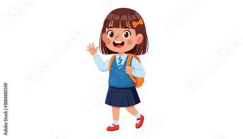 Cheerful schoolgirl waving in uniform with backpack and bright smile on white background