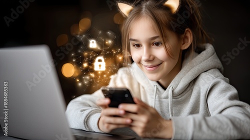 A young girl plays a game on a tablet with a security shield icon while sitting at a table at home in the evening