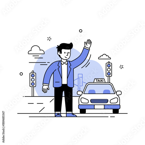 Male figure hailing a taxi on city street with traffic lights in simple line art style