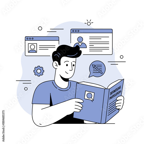 Young caucasian male reading encyclopedia with online profile icons in background