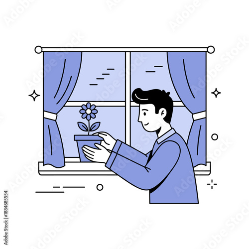 Young male caring for plant near window with curtains drawn open