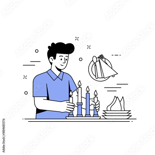 Male setting table with candles for dinner preparation