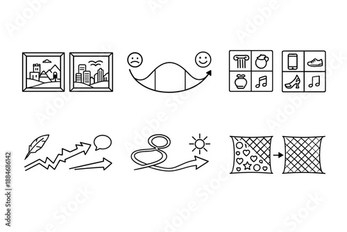 Cross-Era Iconography. Line style icons of cross-era comparison: old-vs-new frame pair, humor resonance arc, aesthetic contrast