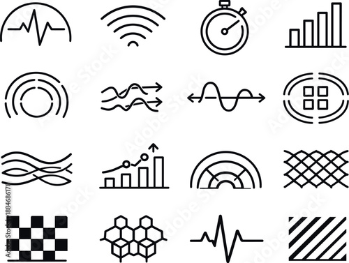 Image Generation. Line style vector icons of mobile app user profile interface: pulse arc, signal arc, timing line, signal arc,