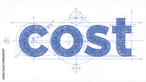 Cost Word Vector Technical Blueprint Illustration.