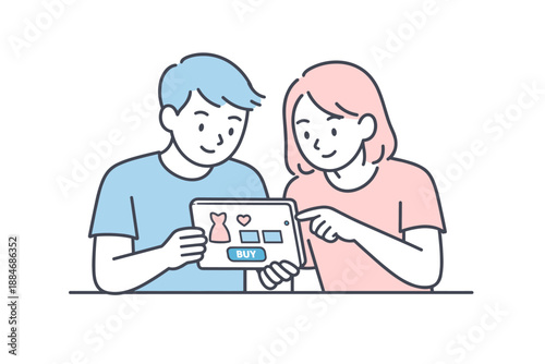 Online Shopping Friends. Two friends sit side by side scrolling through an online store quietly Minimalist flat line vector