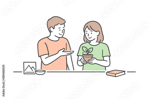 Minimalist Decoration Decision. Couple stands near a table deciding where to place a small plant together Minimalist flat line