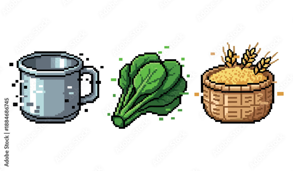 Fototapeta premium Pixel art food icons: mug, spinach, basket of wheat grains