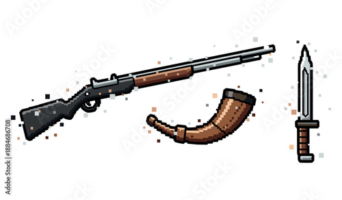 Pixel art musket, powder horn, and bayonet: retro weaponry design