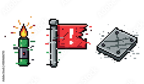 Pixel art icons: candle, pirate flag, stone tablet