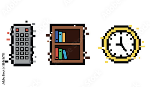 Pixel art objects: remote, bookshelf, and clock in retro style