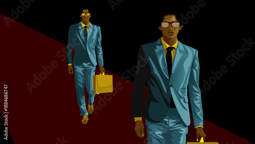 Male cartoon model wearing a modern suit, minimalist glasses, a business bag, and well-defined afro hair.