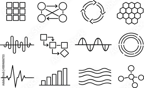 Image Generation. Line style vector icons of web development backend services tools: pattern tile, sync mesh, feedback ring,