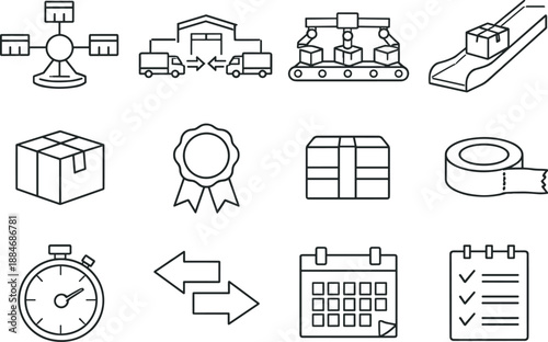 Line style of Distribution process vector icons: hub, crossdock, sorter, chute; parcel, seal, strap, tape;