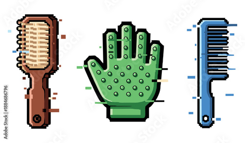 Pet grooming tools: wooden brush, green silicone glove, blue comb on white background