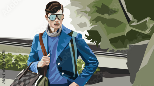 Male cartoon model with a fashion editorial look, geometric glasses, modern bag, and styled medium-length hair.