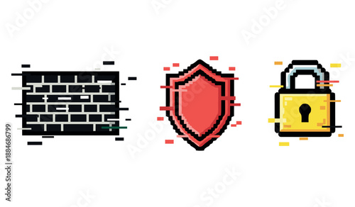 Glitch style keyboard shield and lock icons representing cybersecurity