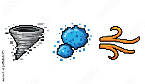 Pixel art elements: tornado, water bubbles, and wind gusts icons