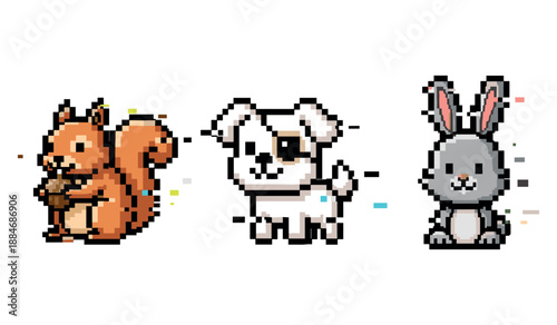 Pixel art animals: squirrel, dog, and rabbit in retro style