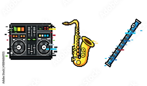 Digital dj controller, saxophone, and clarinet in retro pixel art style