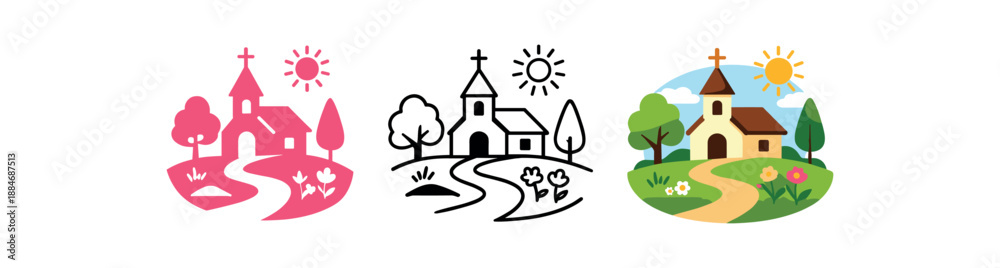 Fototapeta premium spring easter holidays tiny village church path spring day