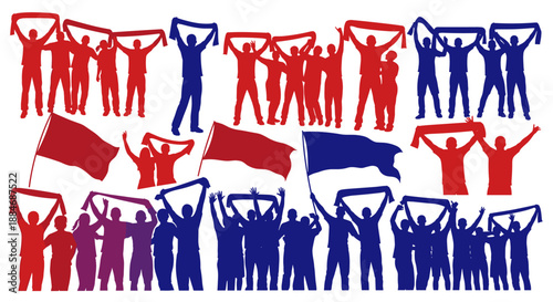 Abstract patriotic art featuring fans and national symbolism.