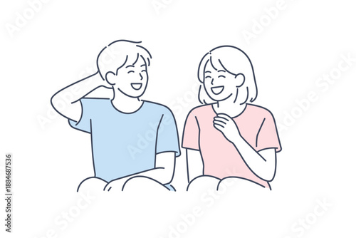Laughing Friends Drawing. Two friends sit side by side laughing softly while exchanging funny memories Minimalist flat line vector