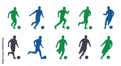 Silhouette soccer players demonstrating different moves and kicking. 
