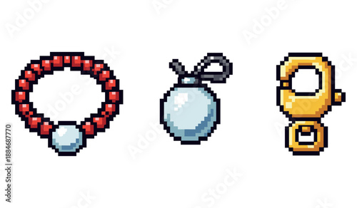 Pixel art jewelry collection: bracelet, pendant, earring designs in 8-bit style