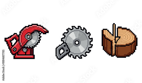 Pixel art chainsaw, circular saw blade, and log slice on white background