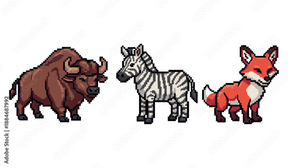 Naklejka premium Pixel art animals: buffalo, zebra, and fox in retro style