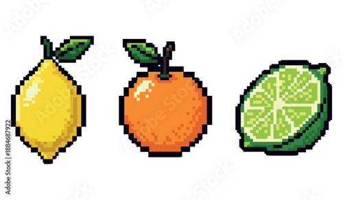 Pixel art citrus fruits: lemon, orange, lime