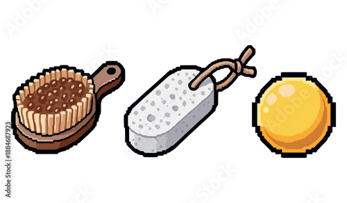 Pixel art: spa essentials with brush, pumice stone, and soap