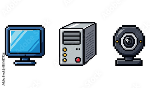 Pixel art computer icons: monitor, tower, webcam in retro style